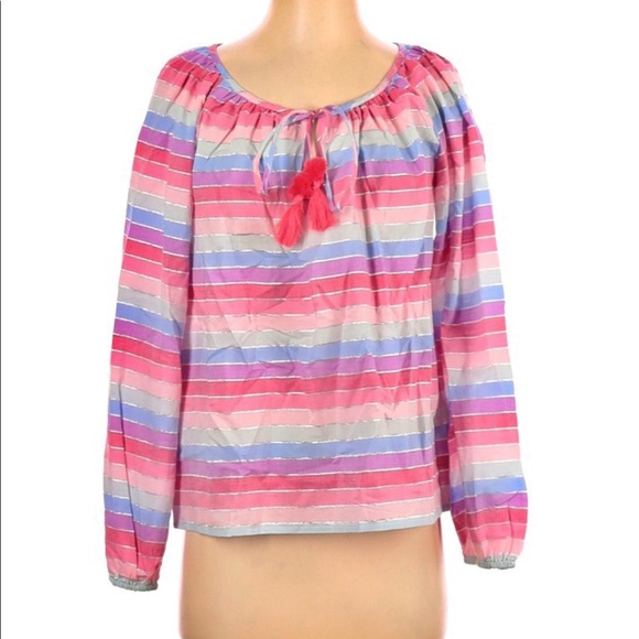 J. Crew Tops - J. Crew Rainbow Stripe Blouse w/ Pom Pom Tassel